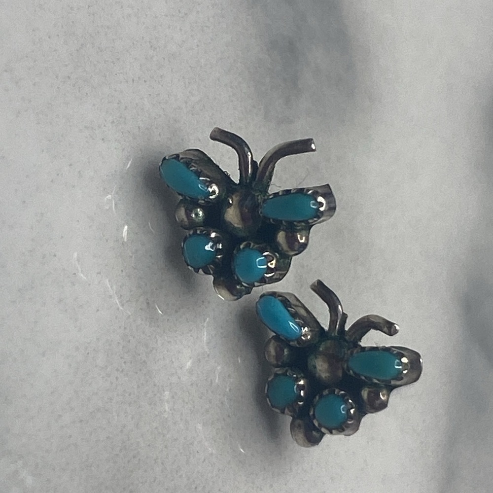 Tiny vintage turquoise butterfly earrings‎ studs marked 925